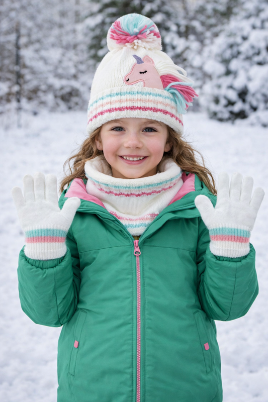 Bílá sada 3 ks – pletená čepice s kresleným jednorožcem 🦄