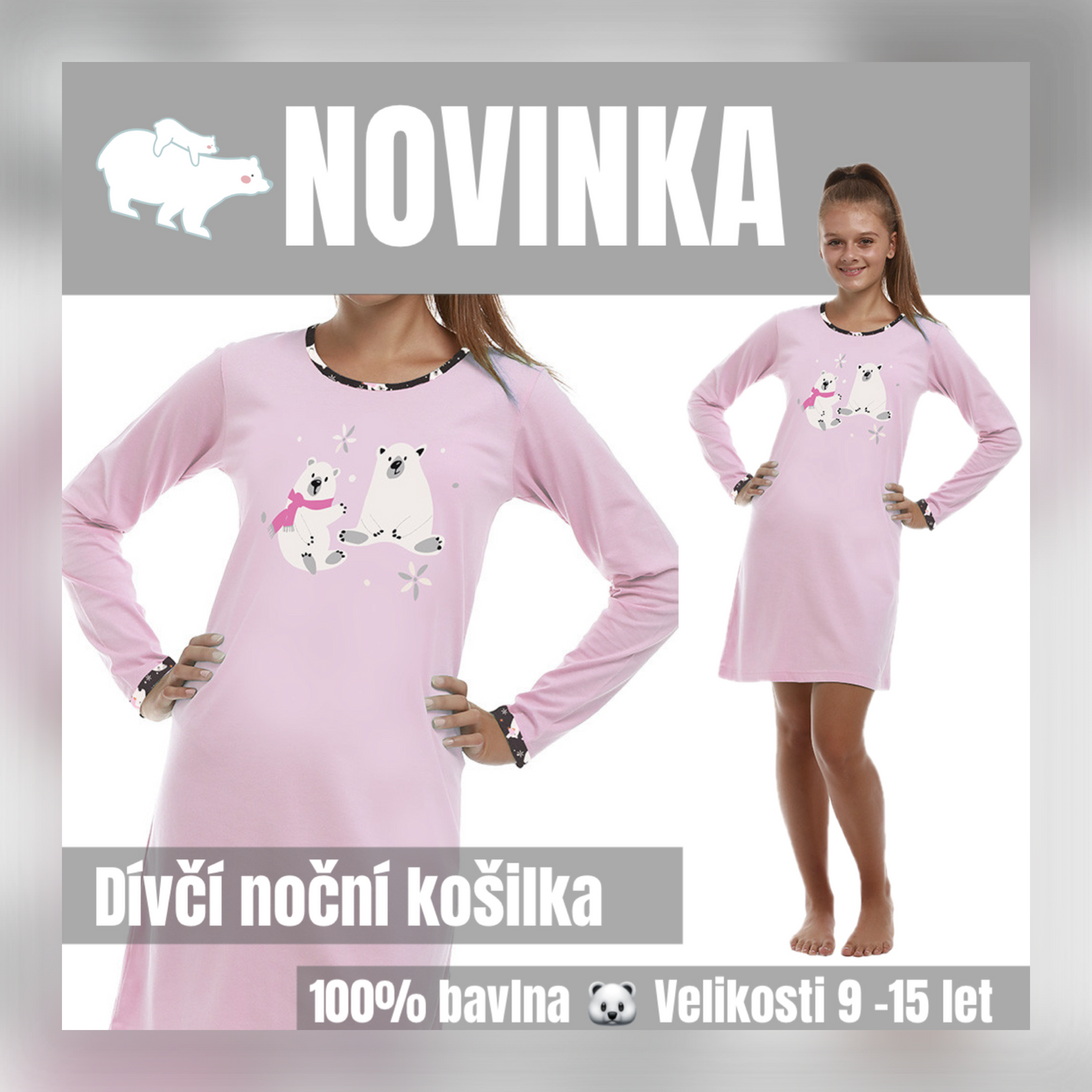 Dívčí noční košilka dlouhý rukáv lední medvěd