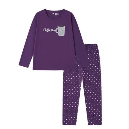 České dámské pyžamo s dlouhým rukávem a puntíky nápis COFFEE TIME