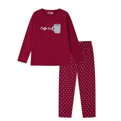 České dámské pyžamo s dlouhým rukávem a puntíky nápis COFFEE TIME