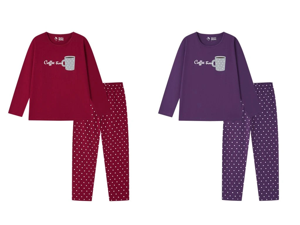 České dámské pyžamo s dlouhým rukávem a puntíky nápis COFFEE TIME