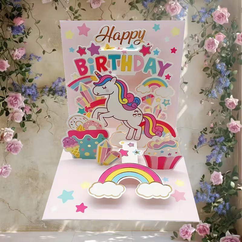 Ručně vyrobené 3D přání k narozeninám s jednorožcem ✨🦄
