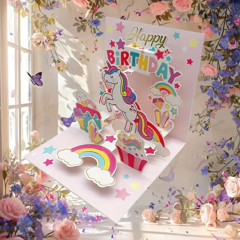 Ručně vyrobené 3D přání k narozeninám s jednorožcem ✨🦄