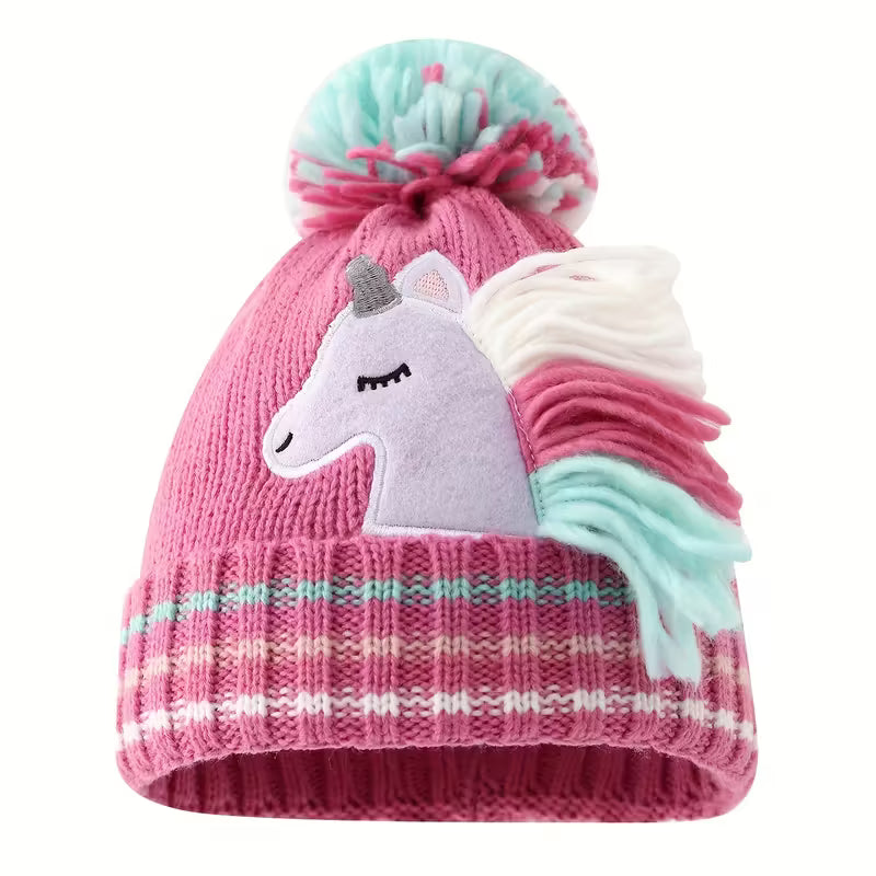 Růžová sada 3 ks –  pletená čepice s kresleným jednorožcem 🦄