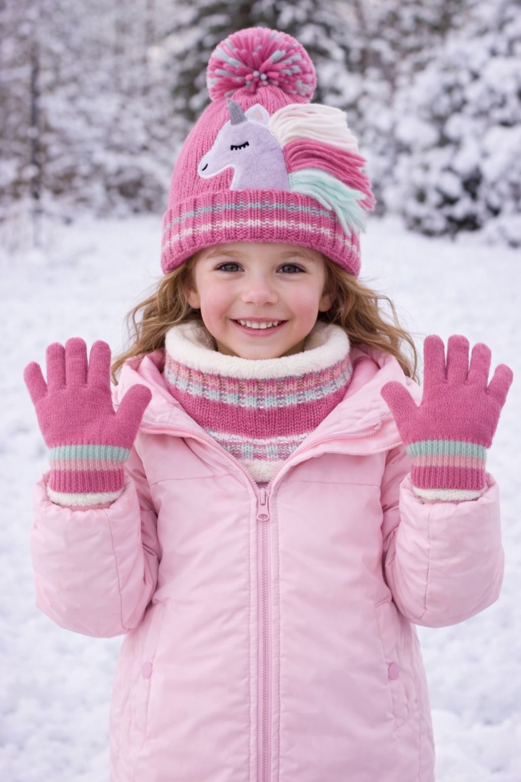 Růžová sada 3 ks –  pletená čepice s kresleným jednorožcem 🦄