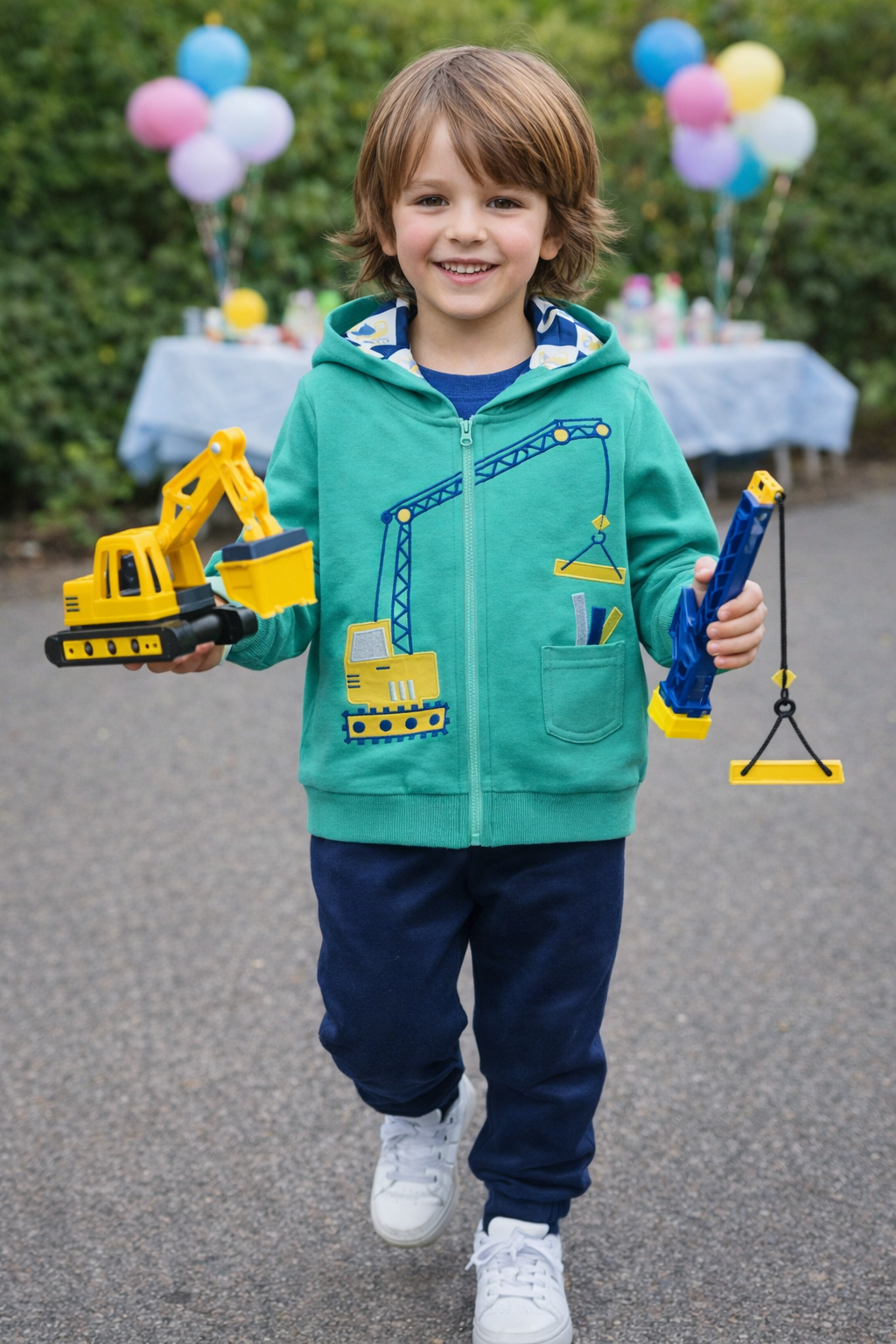 Dětská bavlněná mikina s kapucí – bagr & jeřáb (zelená)