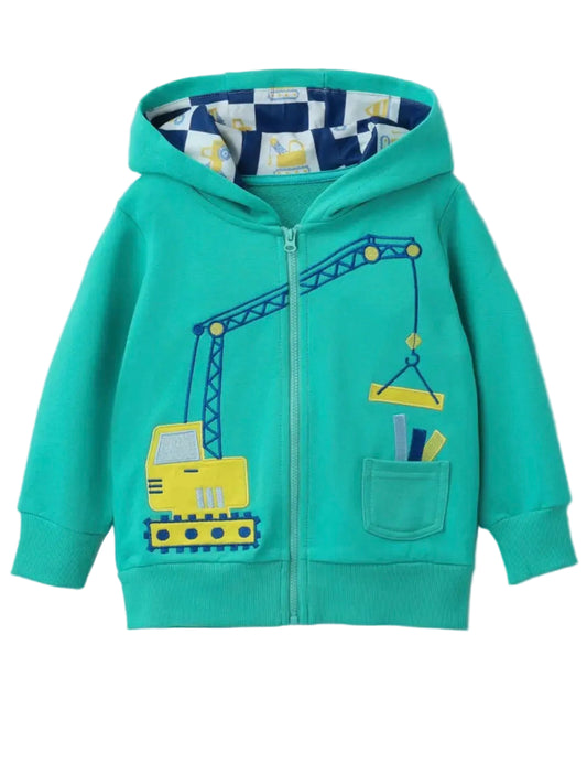 Dětská bavlněná mikina s kapucí – bagr & jeřáb (zelená)