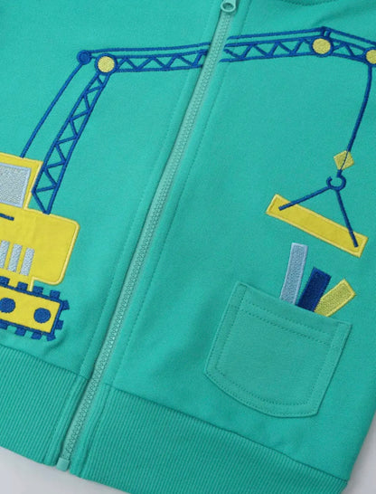 Dětská bavlněná mikina s kapucí – bagr & jeřáb (zelená)