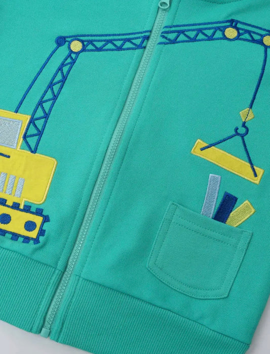 Dětská bavlněná mikina s kapucí – bagr & jeřáb (zelená)