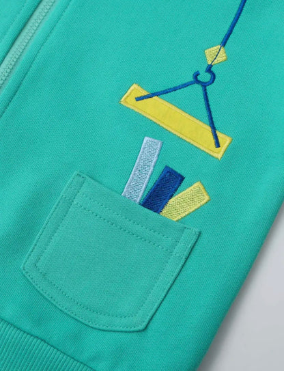 Dětská bavlněná mikina s kapucí – bagr & jeřáb (zelená)