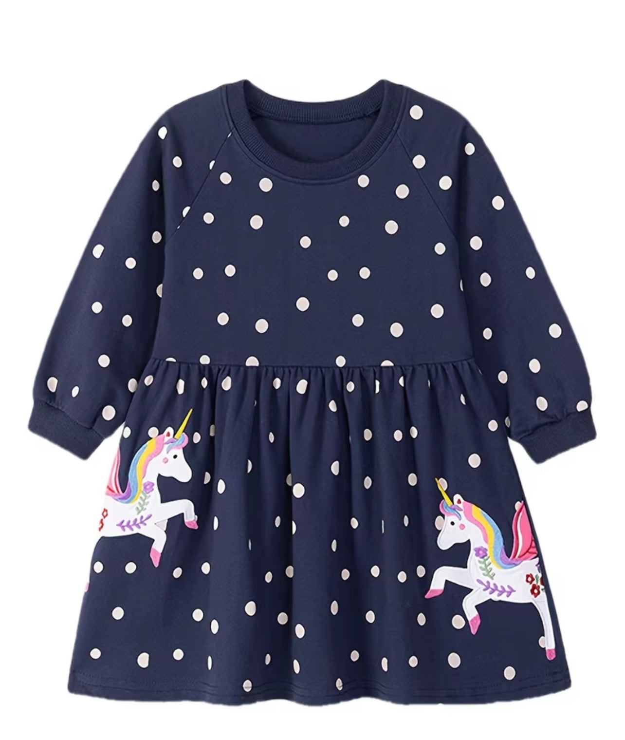 Dívčí bavlněné šaty s jednorožci – puntíkované (tmavě modré)