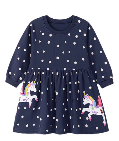 Dívčí bavlněné šaty s jednorožci – puntíkované (tmavě modré)