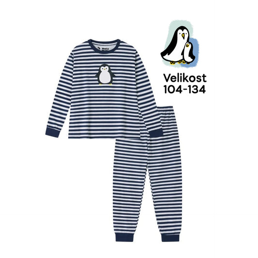 🐧 Dětské pruhované pyžamo s tučňáčkem modrá/zelená