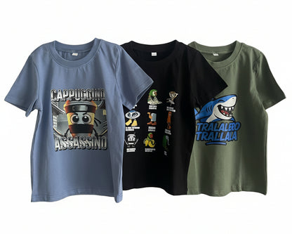 Set 3 dětských triček – Italský BrainRot | Cappuccino Assassino Brainrot figurky Tralalero Trallalá