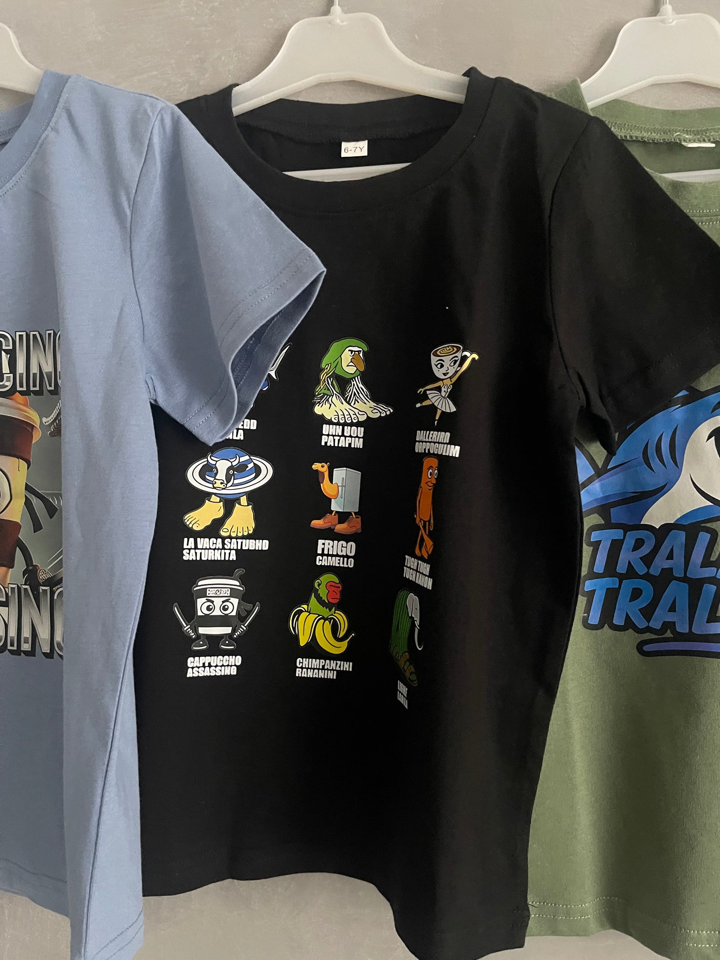 Set 3 dětských triček – Italský BrainRot | Cappuccino Assassino Brainrot figurky Tralalero Trallalá