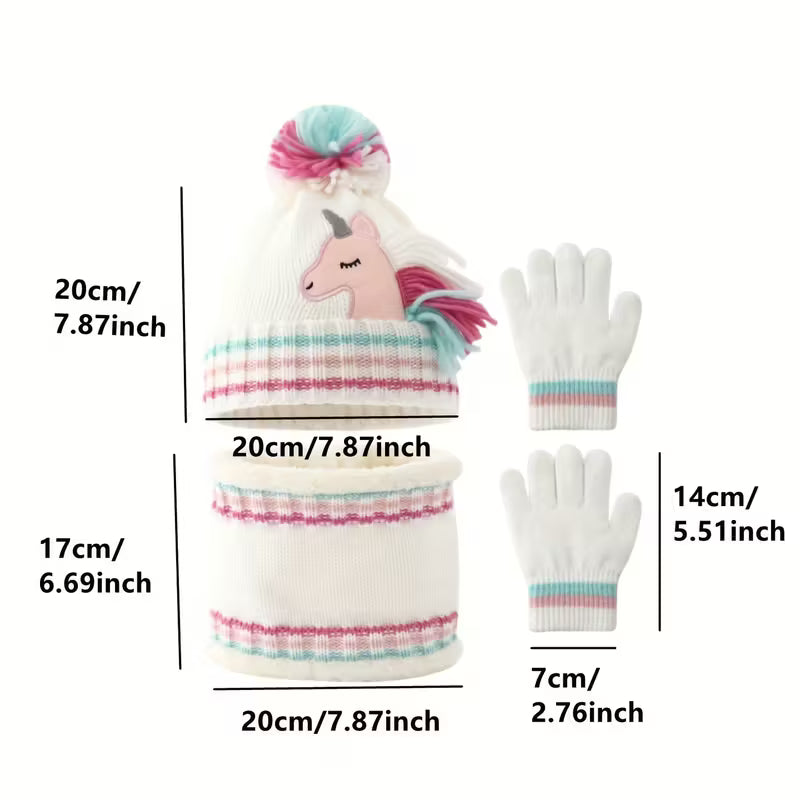 Bílá sada 3 ks –  pletená čepice s kresleným jednorožcem 🦄