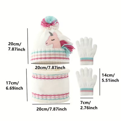 Bílá sada 3 ks –  pletená čepice s kresleným jednorožcem 🦄
