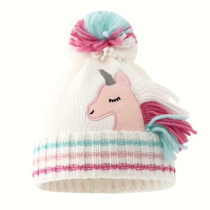 Bílá sada 3 ks –  pletená čepice s kresleným jednorožcem 🦄